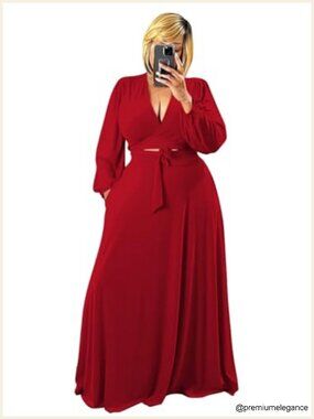 Plus Size 2 Piece Outfits Long Sleeve Wrap Crop Top Maxi Dress Flowy Matching